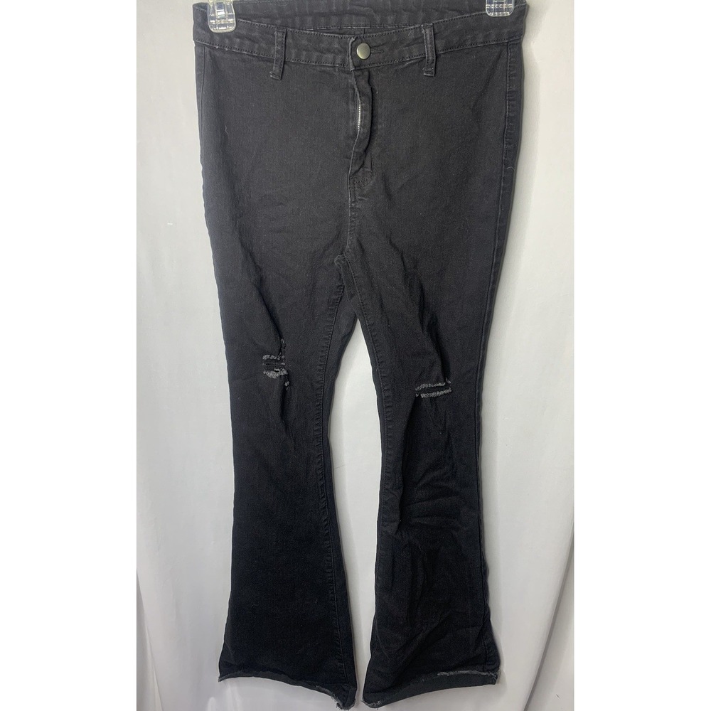 Women's Sz 26x31 Black Distressed Nell Bottom Flare Jeans Boho Hipster